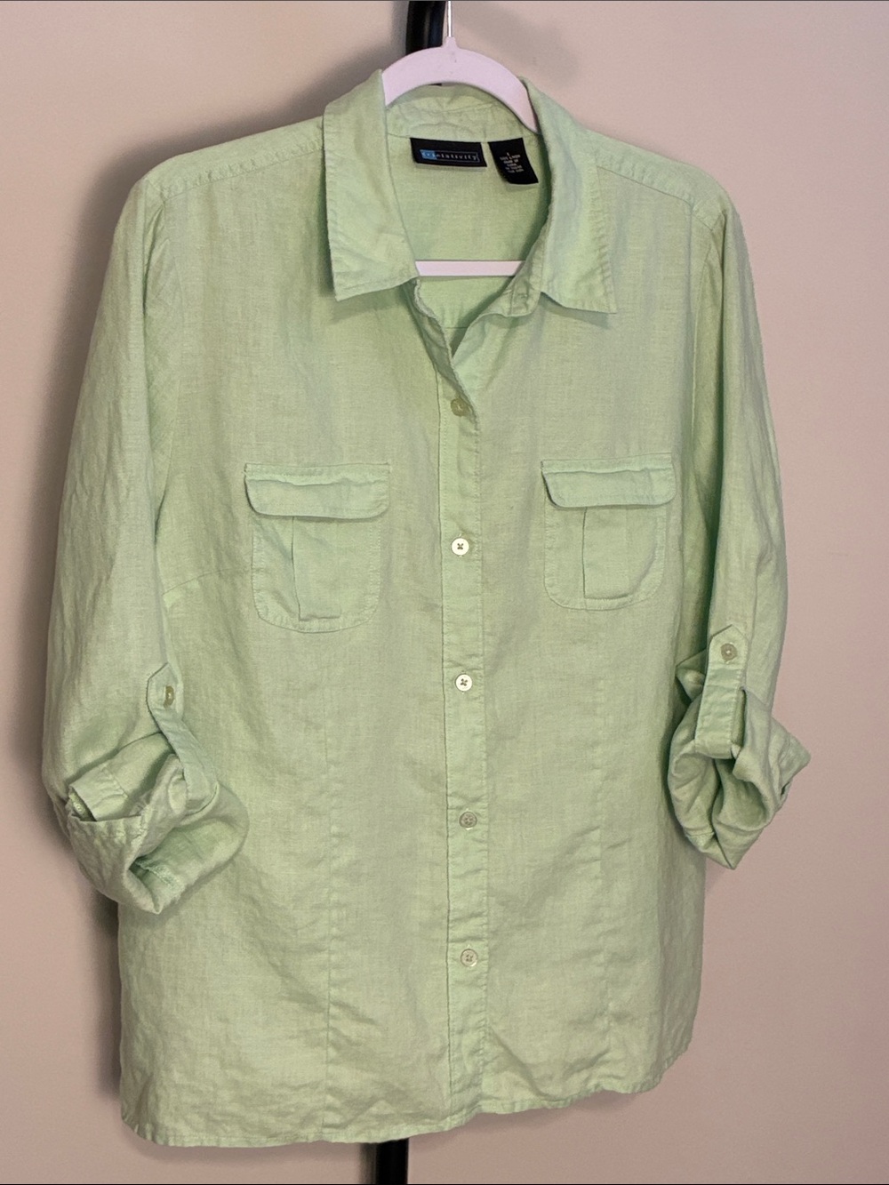 Relativity 100% Linen Shirt Mint Green Front Flap Pockets Relaxed Size Large